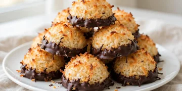 Chocolate-dipped coconut macaroons piled on a plate