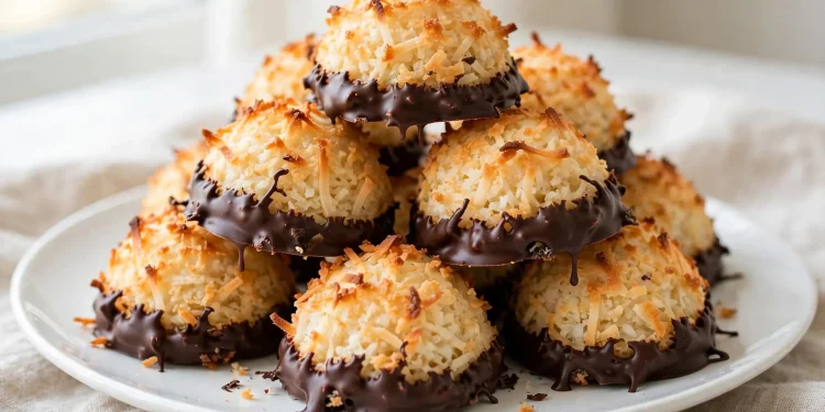 Chocolate-dipped coconut macaroons piled on a plate