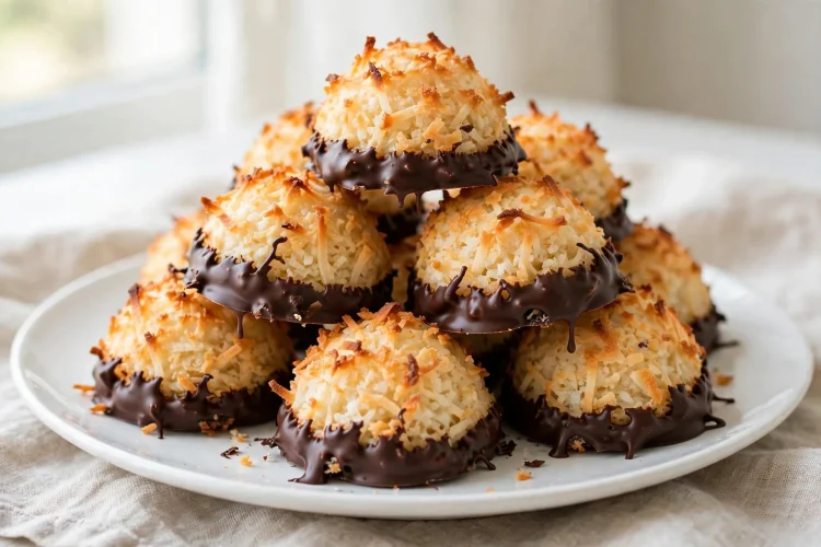 Chocolate-dipped coconut macaroons piled on a plate