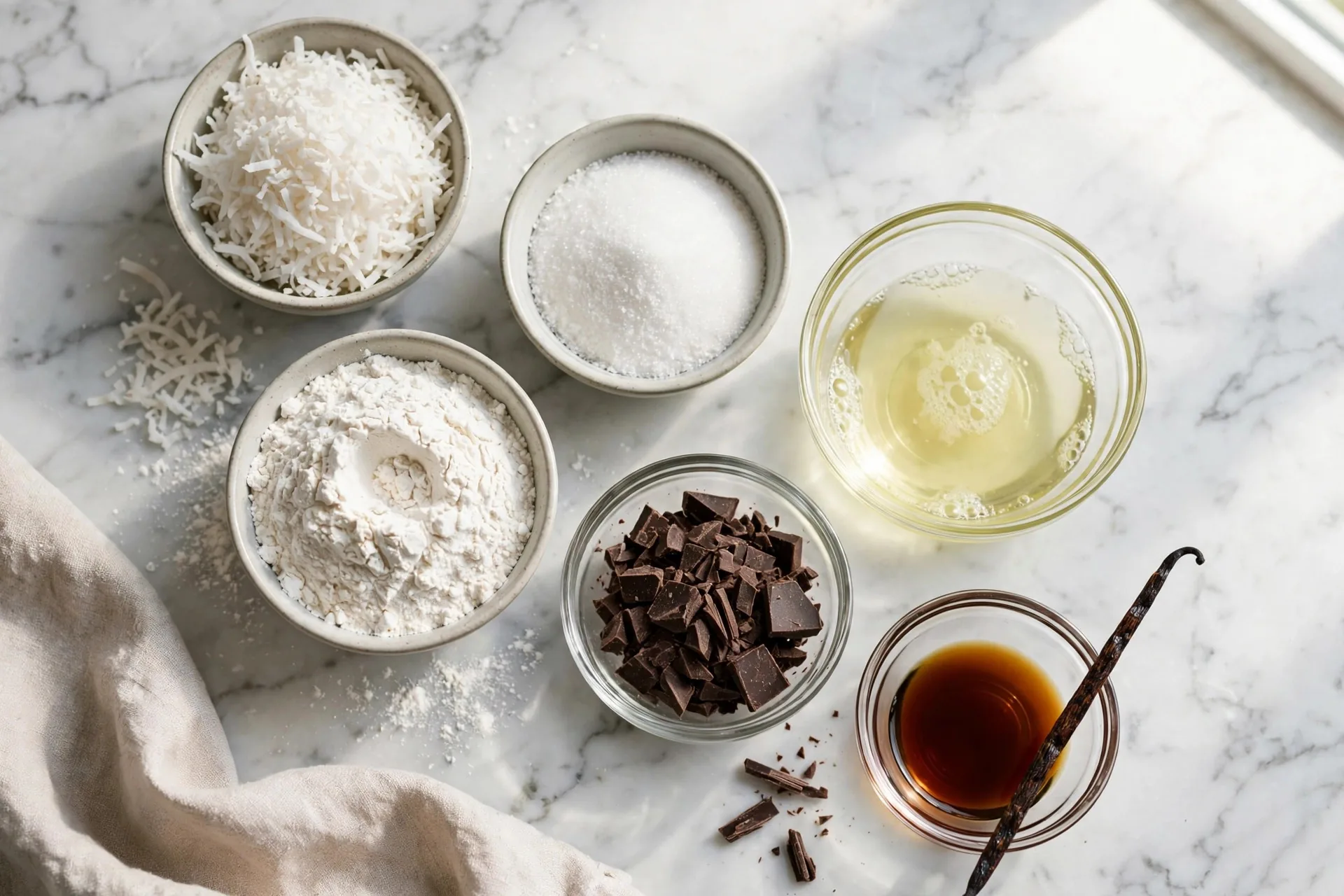 Ingredients for coconut macaroons in bowls on a marble counter