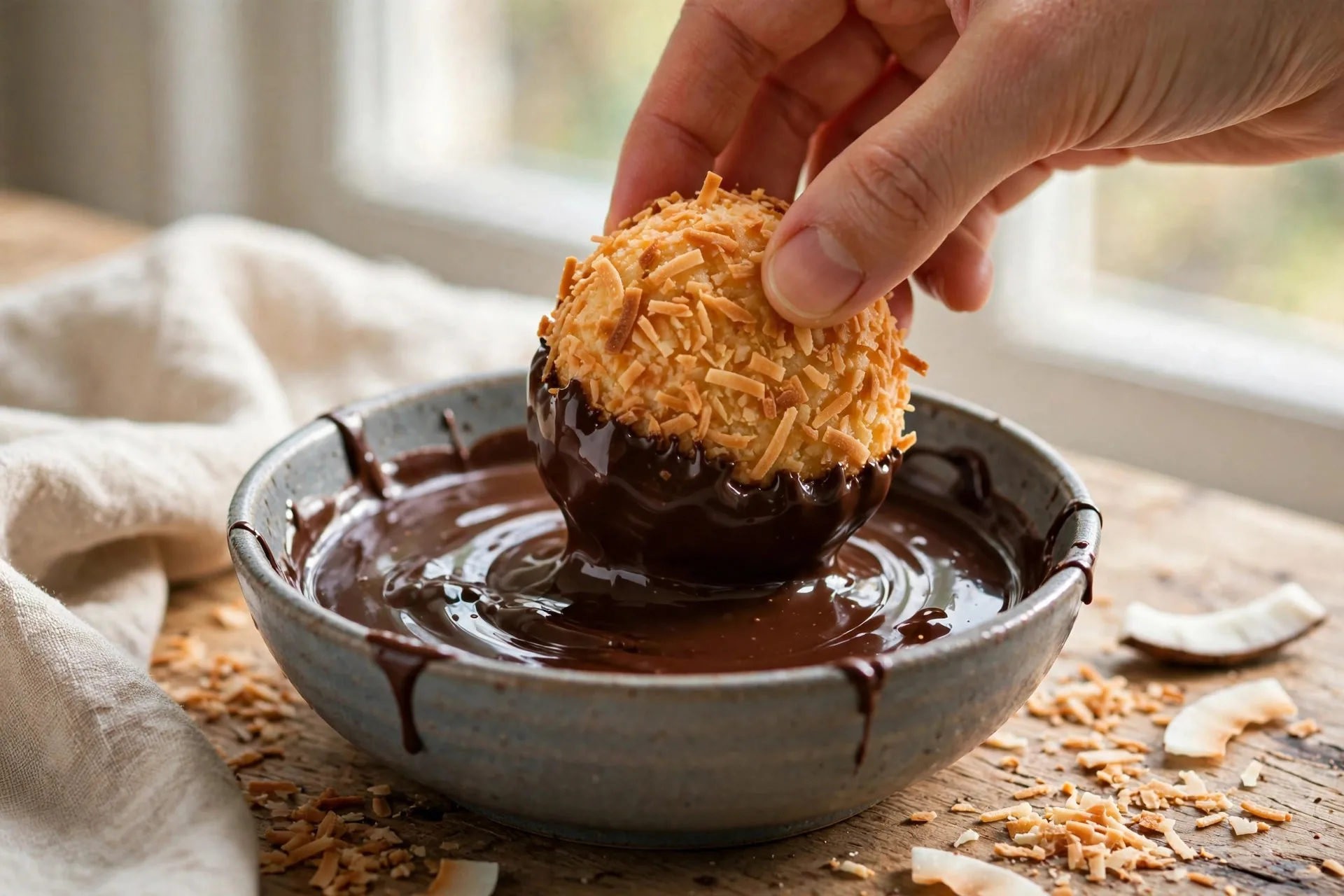 Dipping a coconut macaroon into melted dark chocolate
