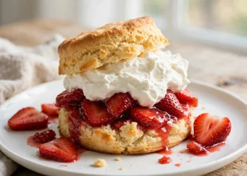 Classic strawberry shortcake with fresh strawberries and whipped cream on a white plate