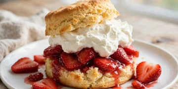 Classic strawberry shortcake with fresh strawberries and whipped cream on a white plate