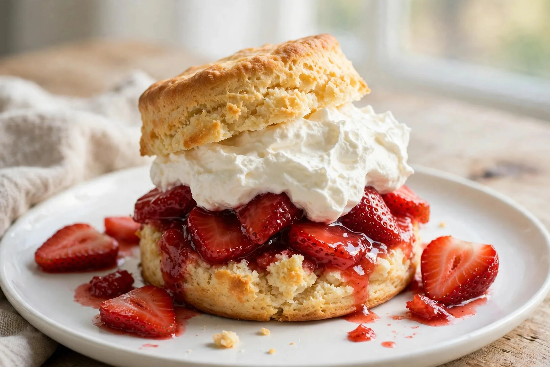 Classic strawberry shortcake with fresh strawberries and whipped cream on a white plate