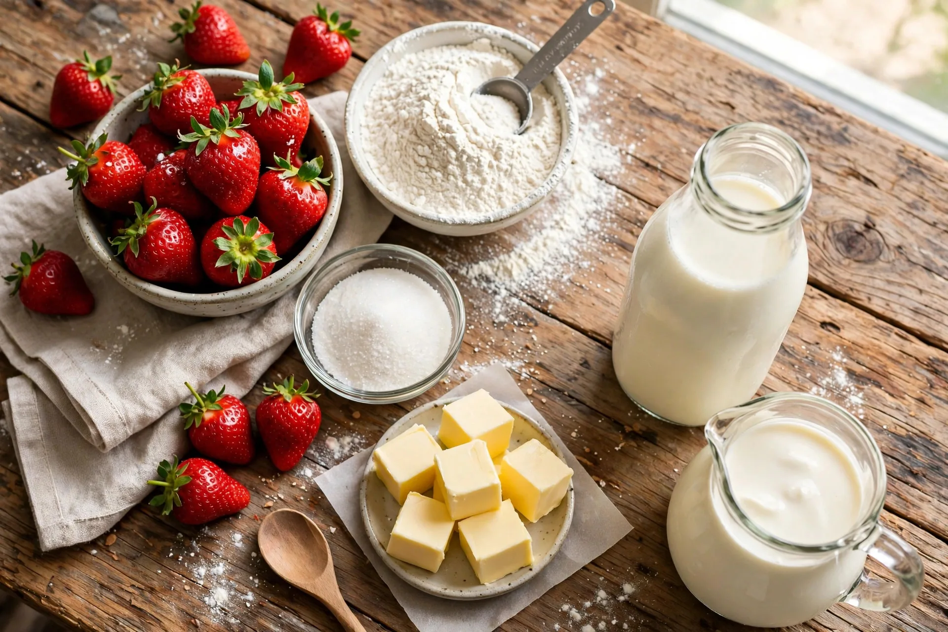 Ingredients for strawberry shortcake laid out on a wooden table
