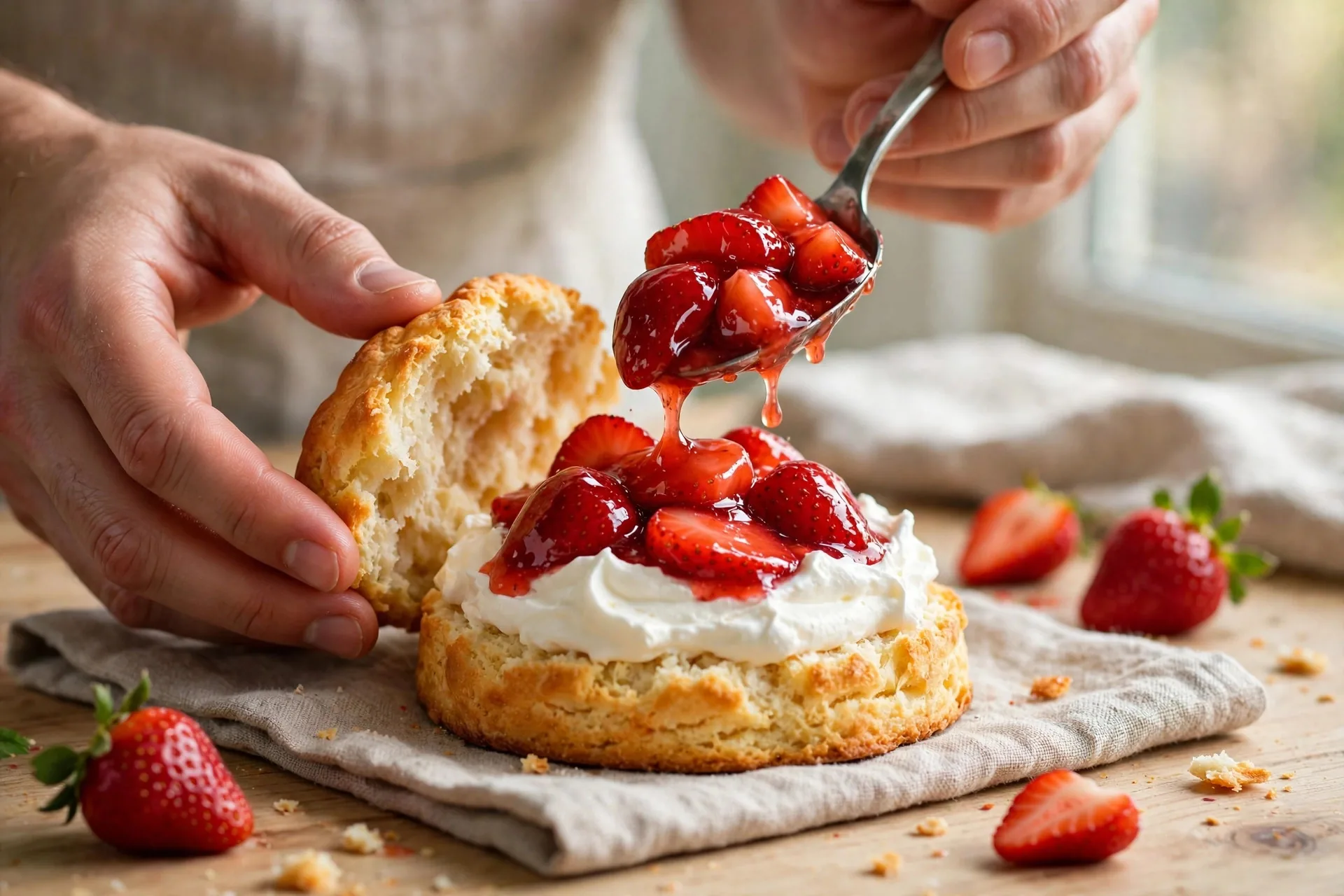 Spooning macerated strawberries over a split biscuit with whipped cream