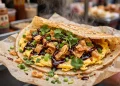 Chinese jianbing savory crepe with egg and crispy wonton