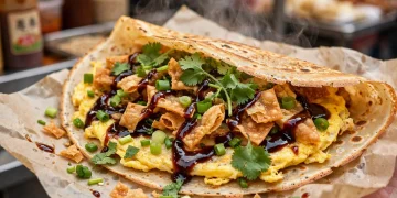Chinese jianbing savory crepe with egg and crispy wonton