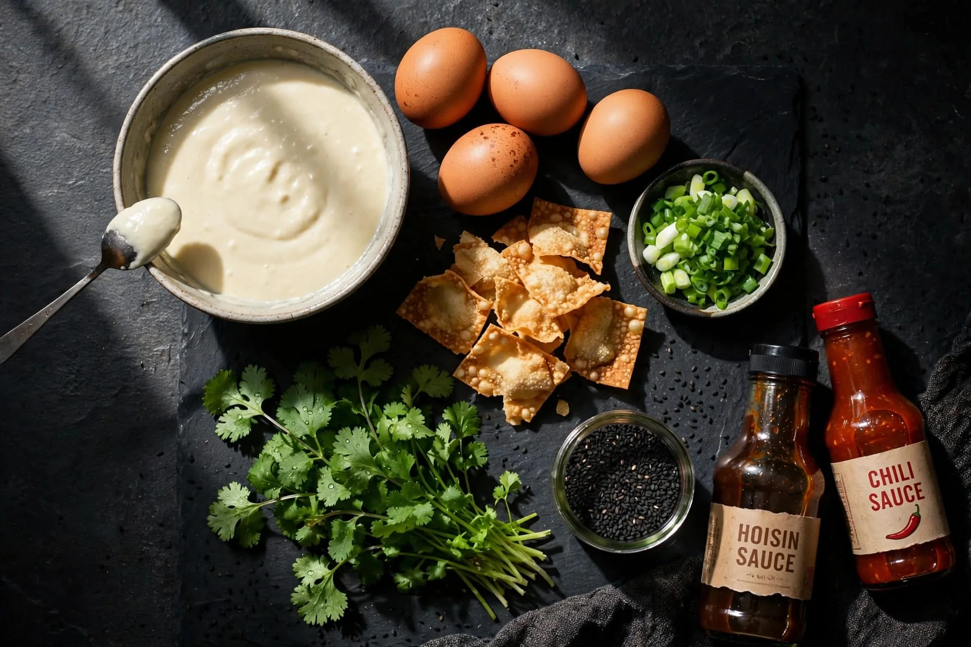 Ingredients for jianbing: batter, egg, wonton crackers, sauces
