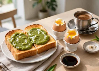 Kaya toast with coconut jam and soft-boiled eggs, Singapore breakfast