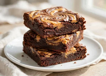Peanut butter swirl brownies stacked showing marbled tops