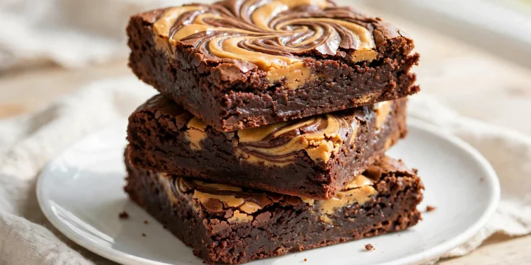 Peanut butter swirl brownies stacked showing marbled tops