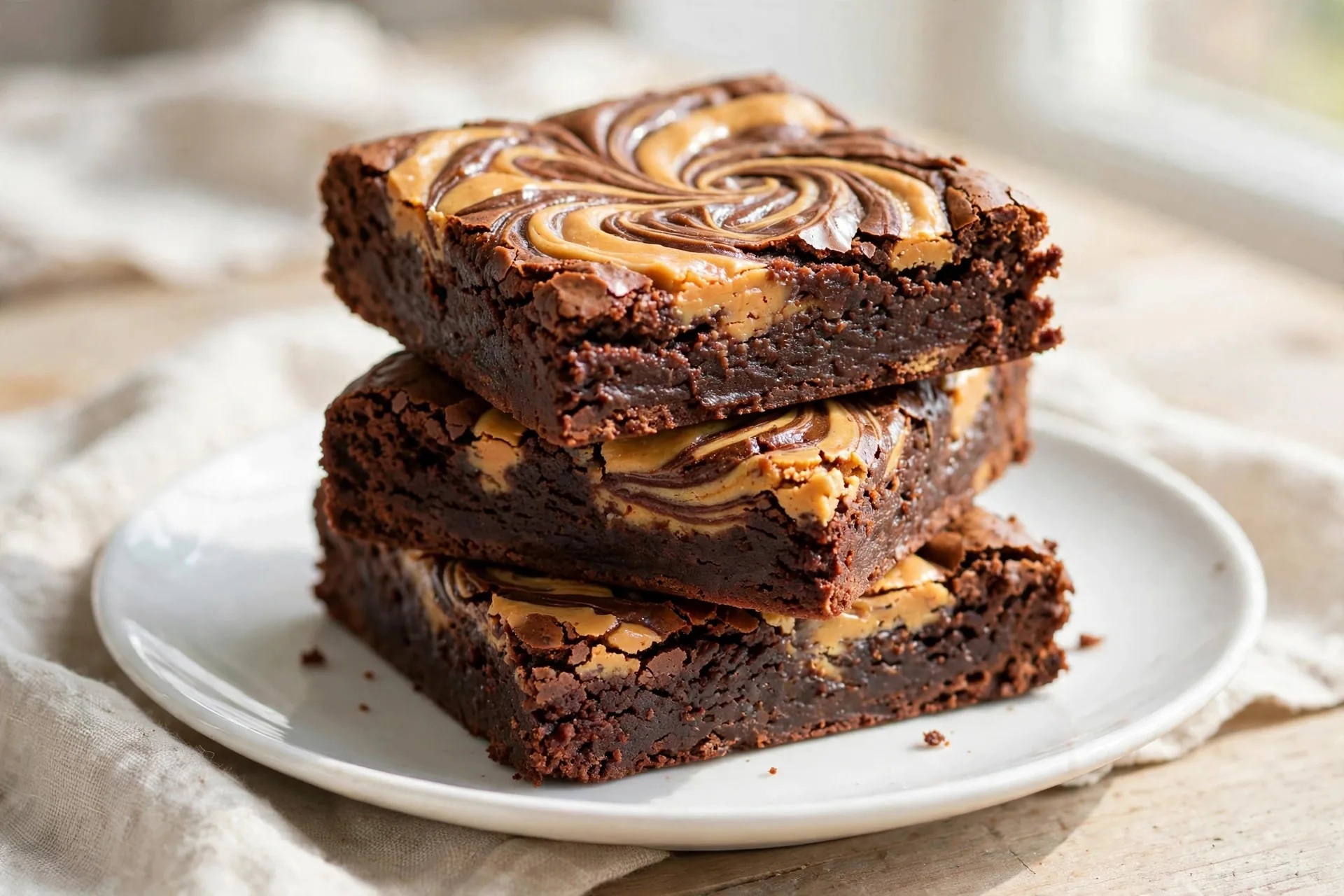 Peanut butter swirl brownies stacked showing marbled tops