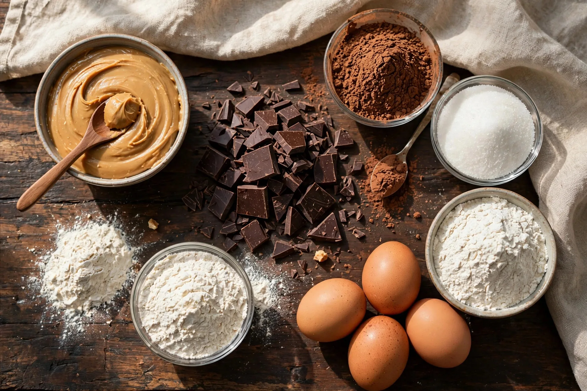 Ingredients for peanut butter swirl brownies measured out