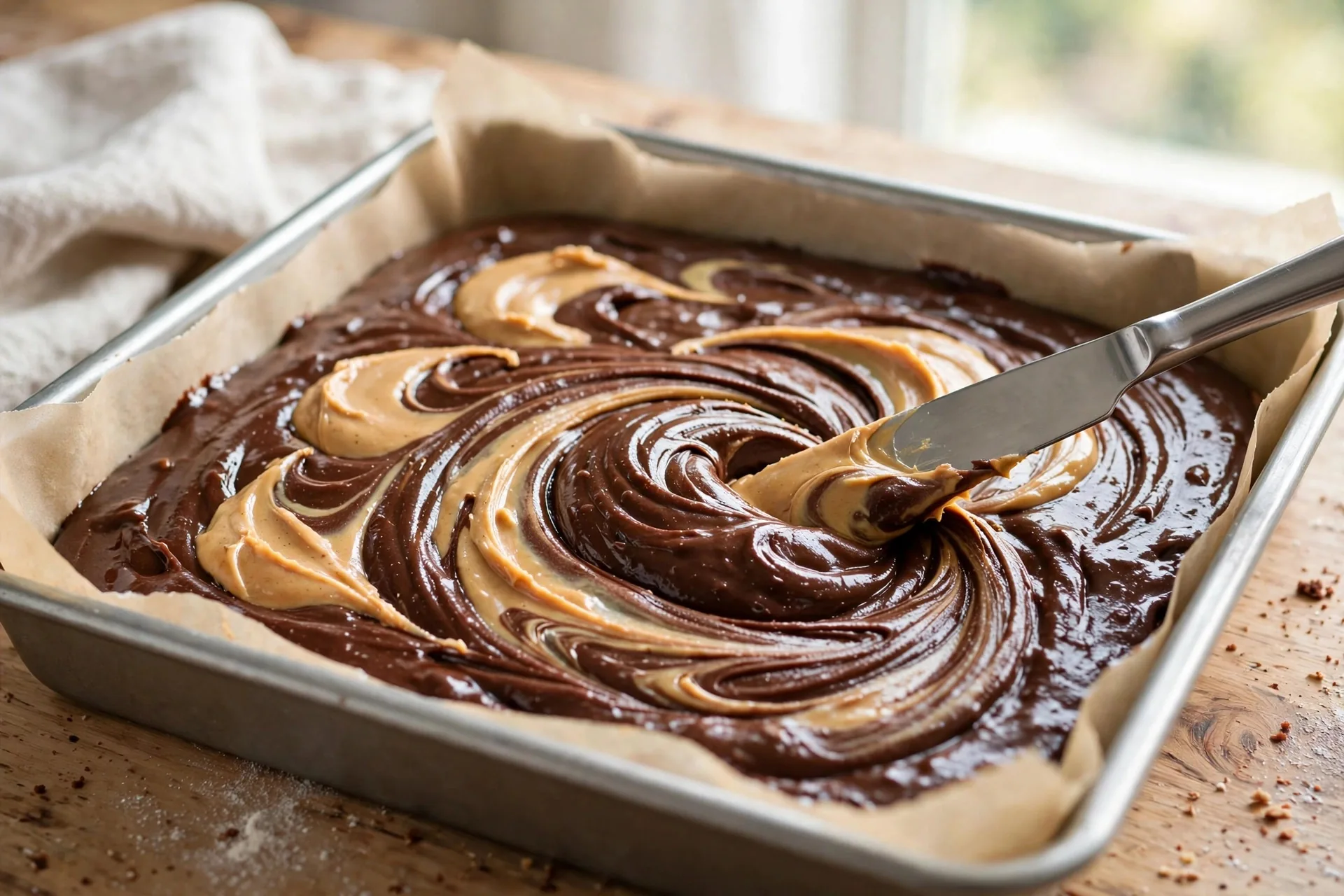 Swirling peanut butter into chocolate brownie batter with a knife