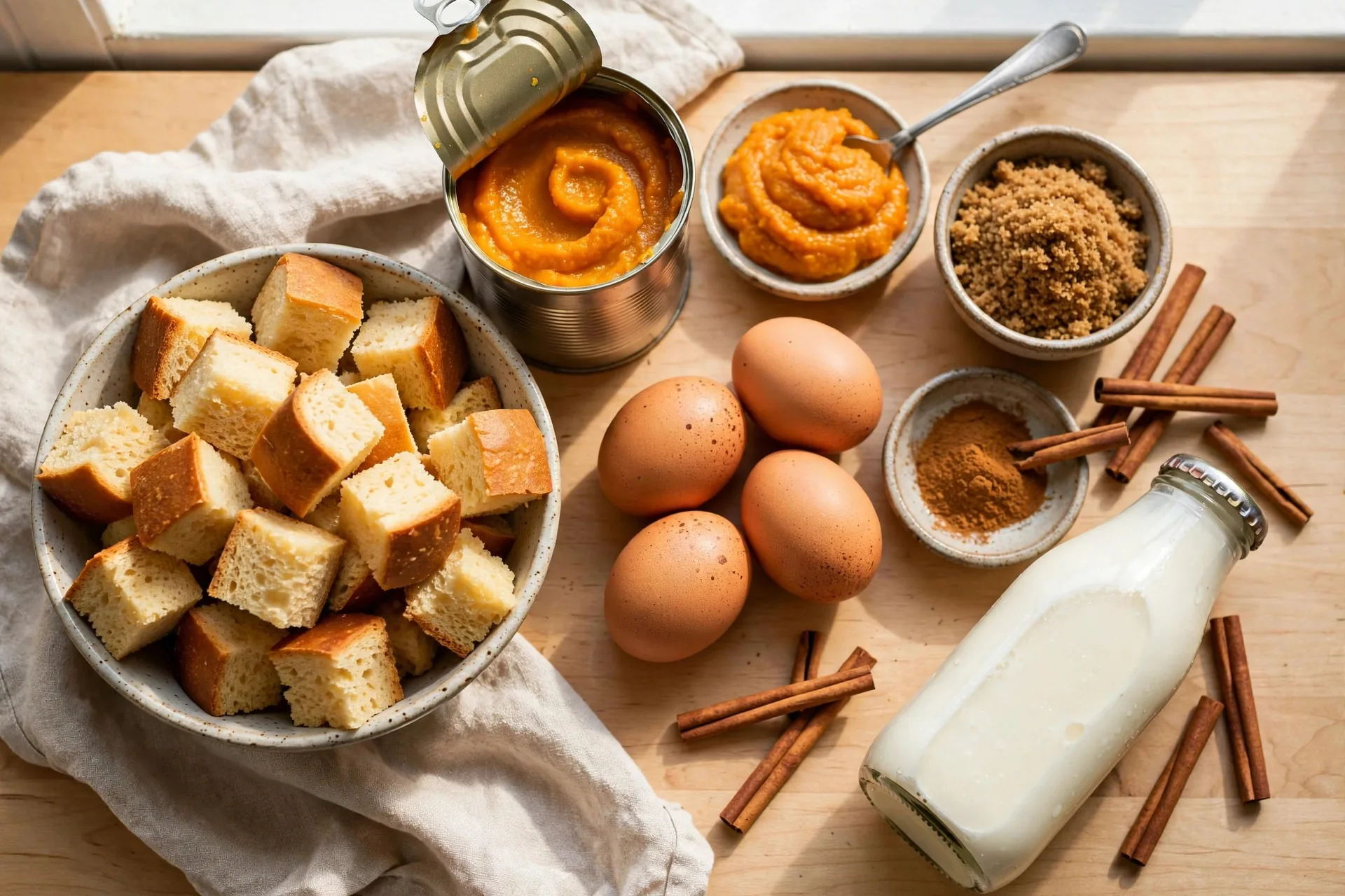 Ingredients for pumpkin bread pudding arranged on a kitchen counter