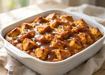 Pumpkin bread pudding with warm caramel sauce drizzled over the top