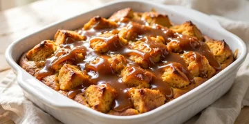 Pumpkin bread pudding with warm caramel sauce drizzled over the top