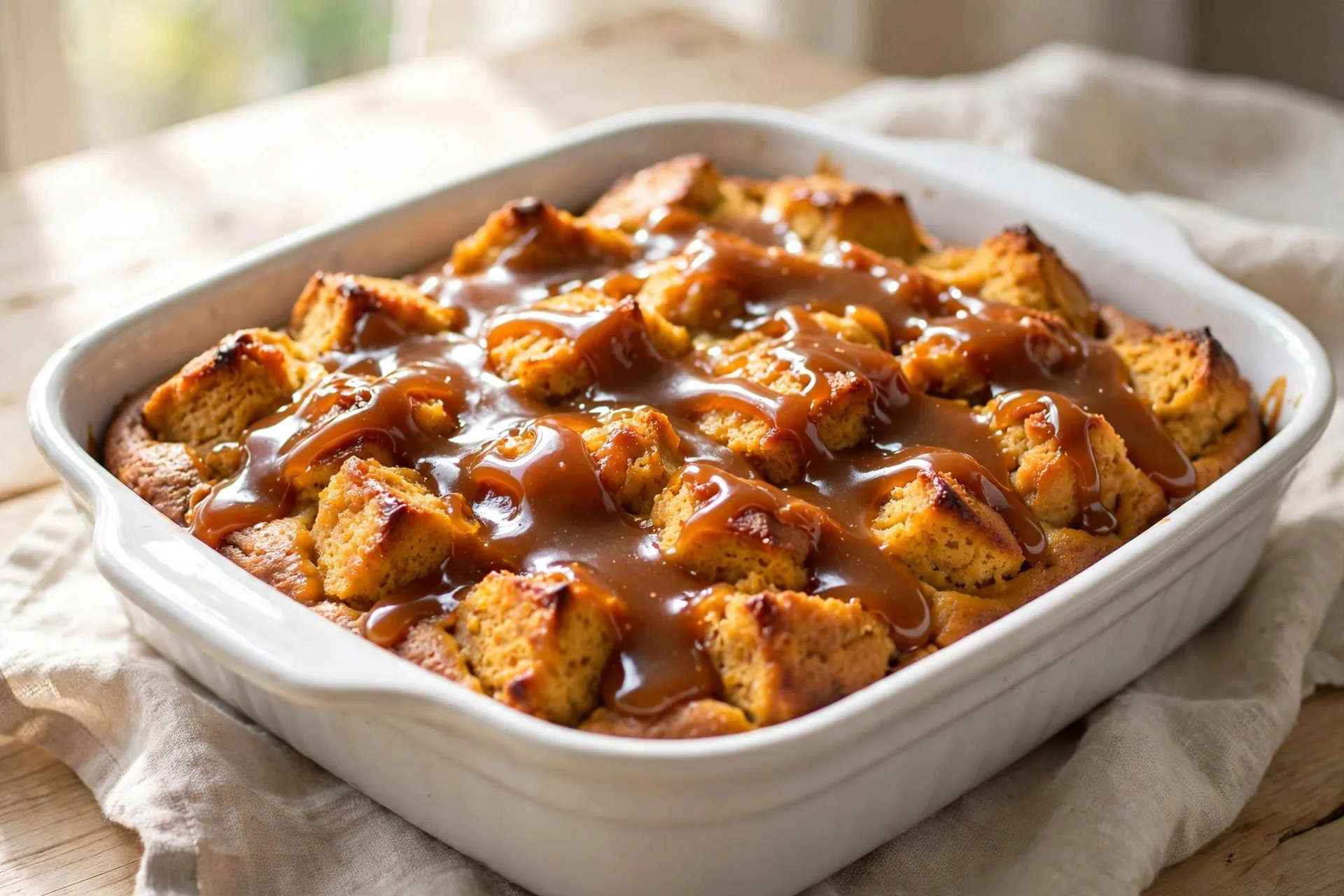 Pumpkin bread pudding with warm caramel sauce drizzled over the top