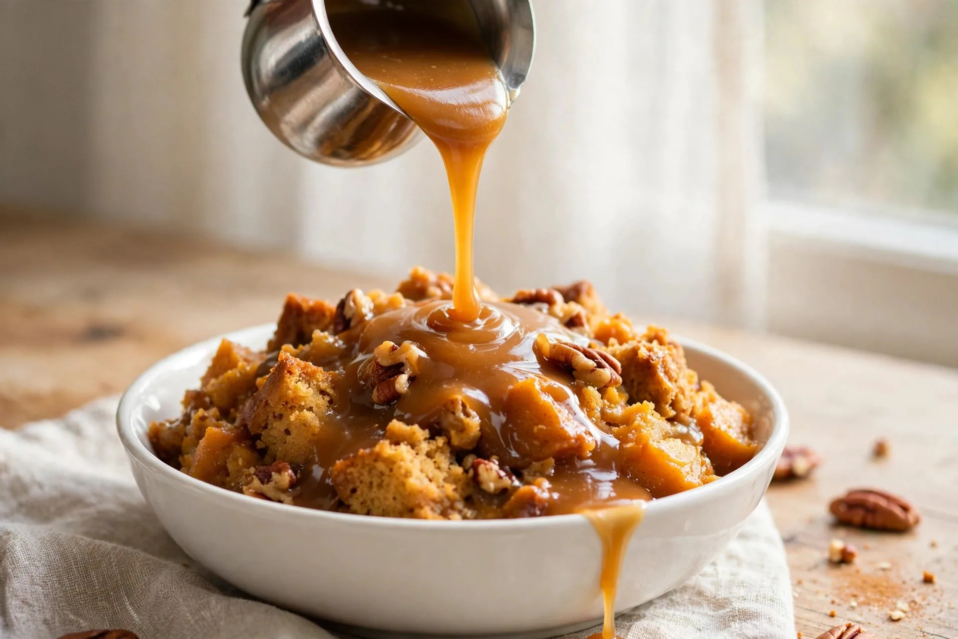 Pouring warm caramel sauce over pumpkin bread pudding