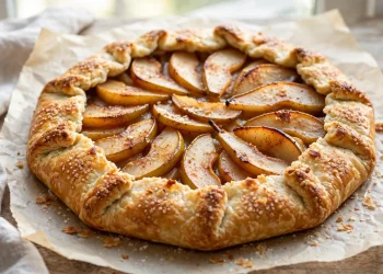 Rustic spiced pear galette with golden flaky crust on parchment paper