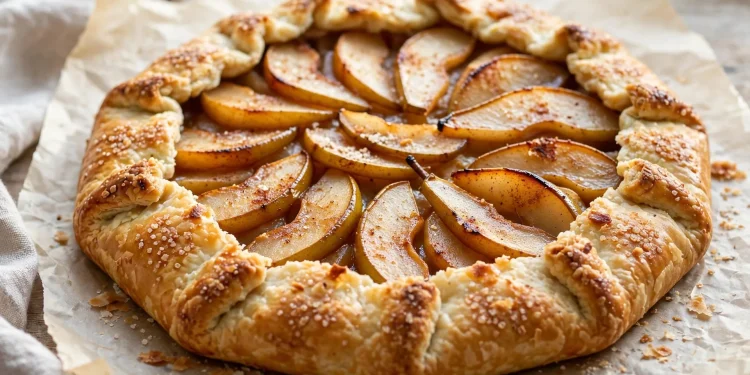 Rustic spiced pear galette with golden flaky crust on parchment paper