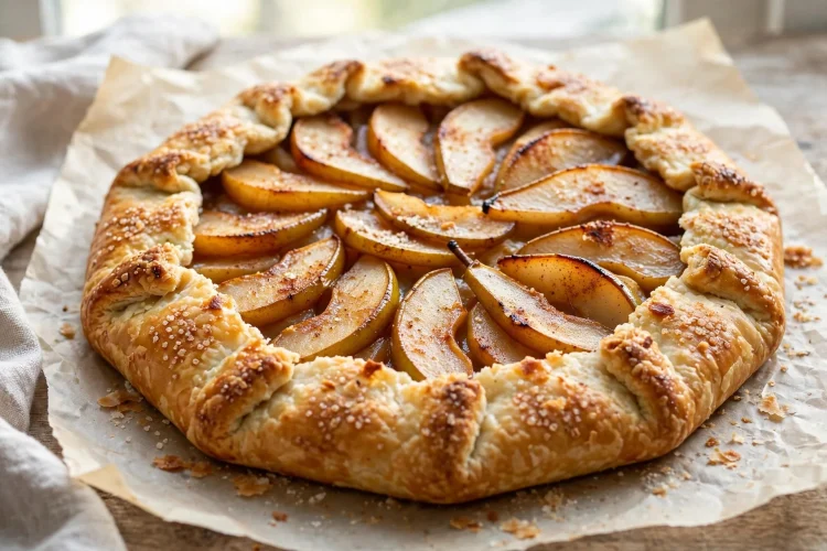 Rustic spiced pear galette with golden flaky crust on parchment paper