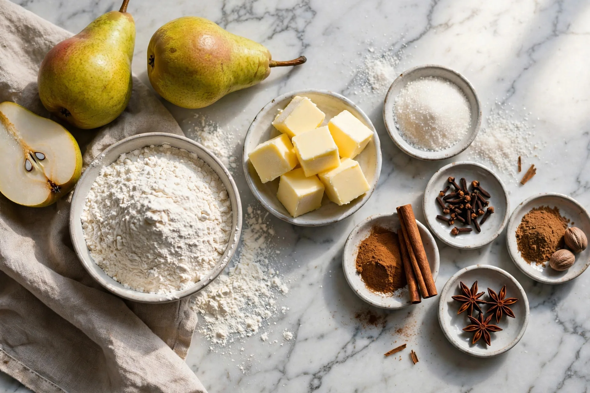Ingredients for pear galette on a marble countertop