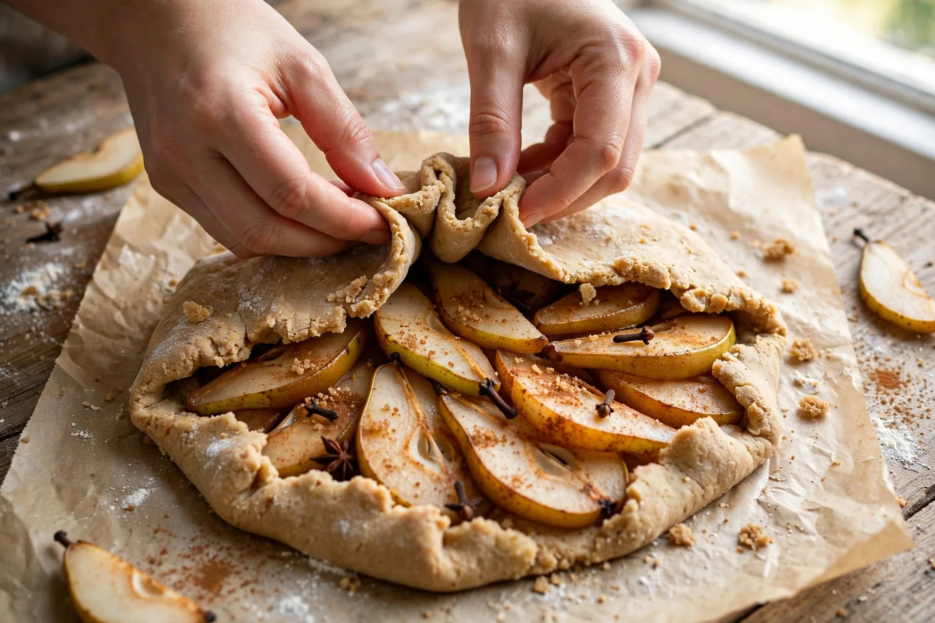 Folding pastry dough edges over sliced spiced pears