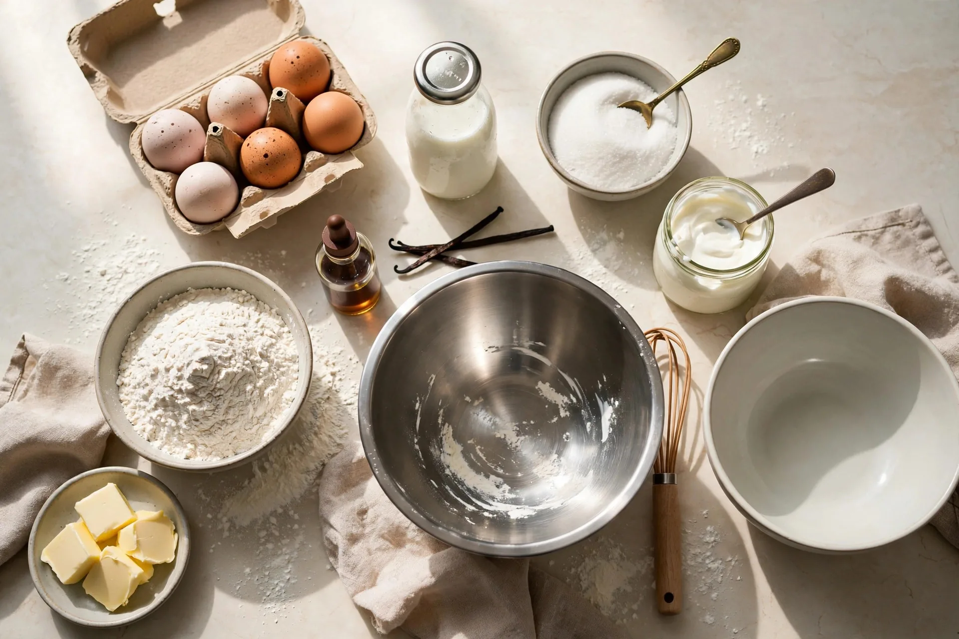 Ingredients for vanilla cupcakes and mixing bowls