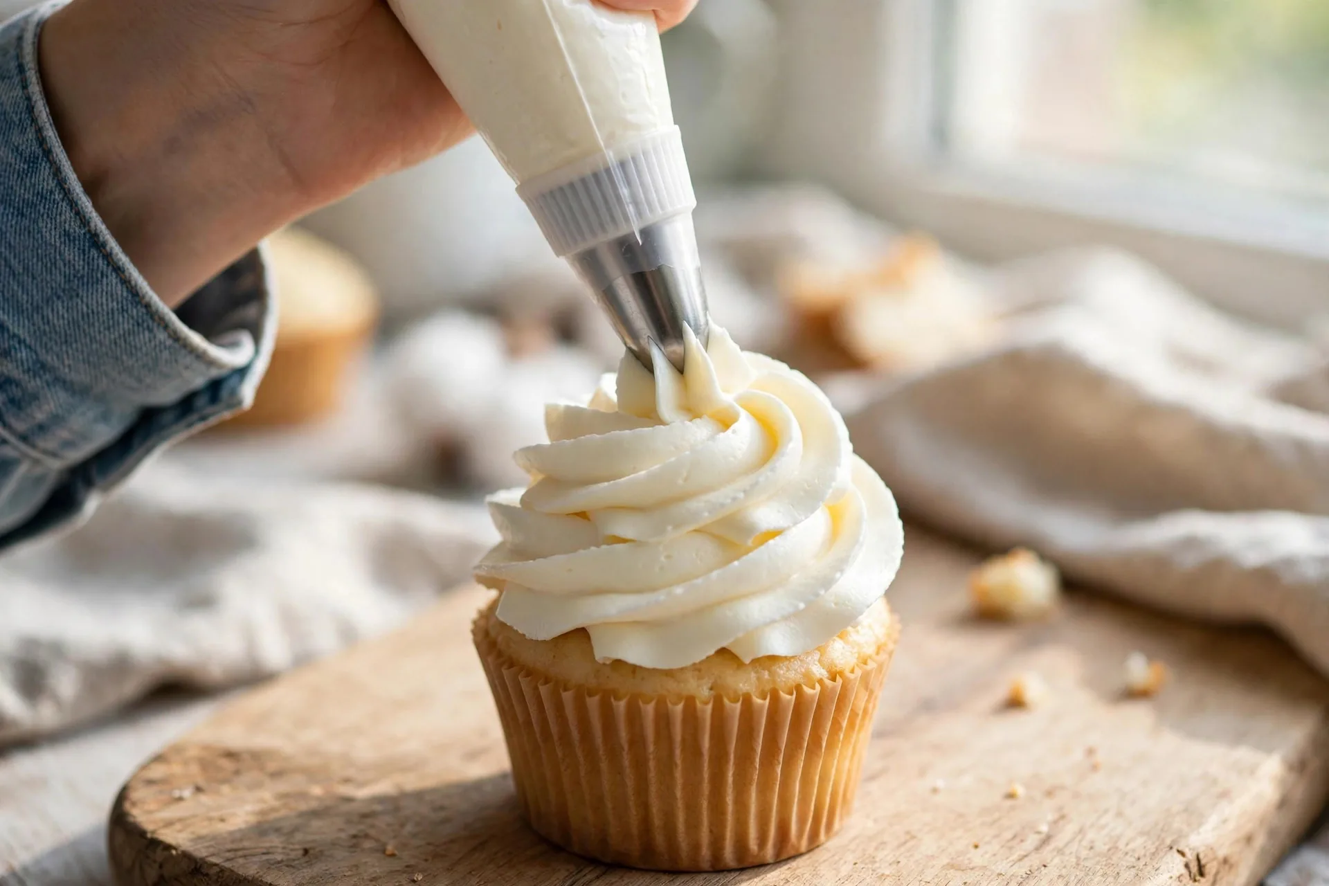 Piping a swirl of buttercream frosting onto a vanilla cupcake