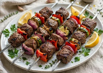 Grilled Mediterranean beef kebabs with peppers, onion and zucchini on a platter