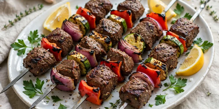 Grilled Mediterranean beef kebabs with peppers, onion and zucchini on a platter