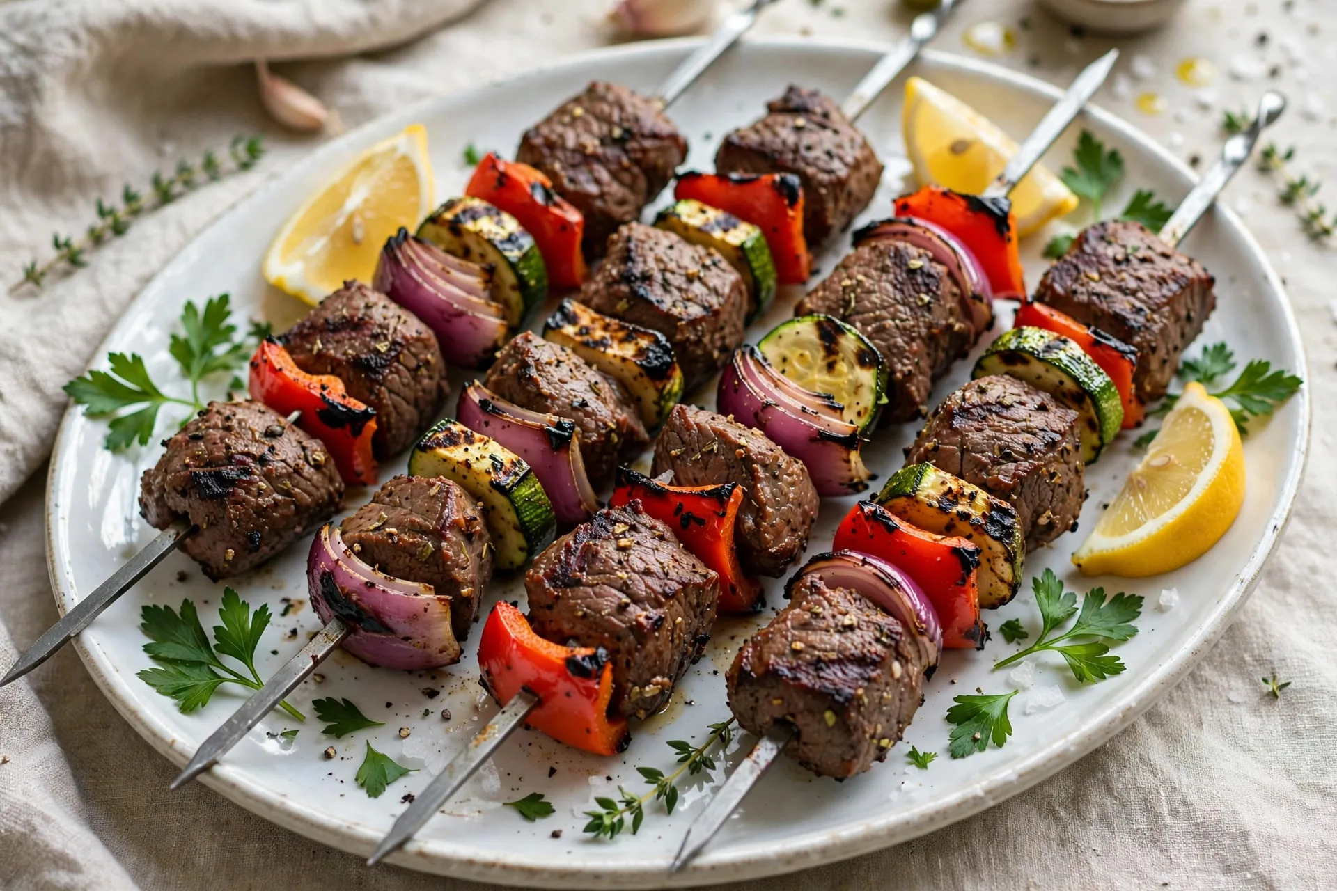 Grilled Mediterranean beef kebabs with peppers, onion and zucchini on a platter