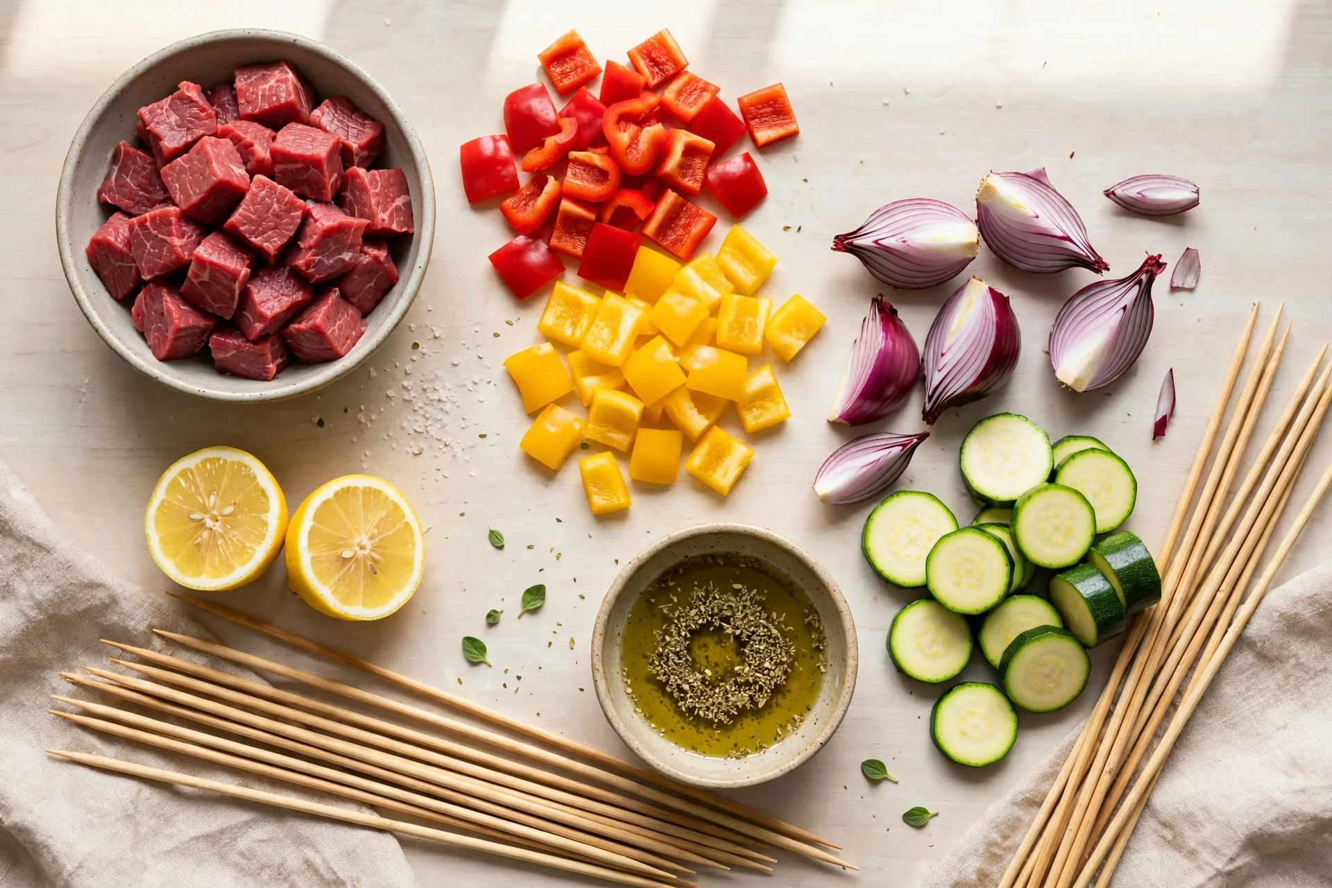 Raw beef sirloin cubes with bell peppers, onion, zucchini and marinade ingredients