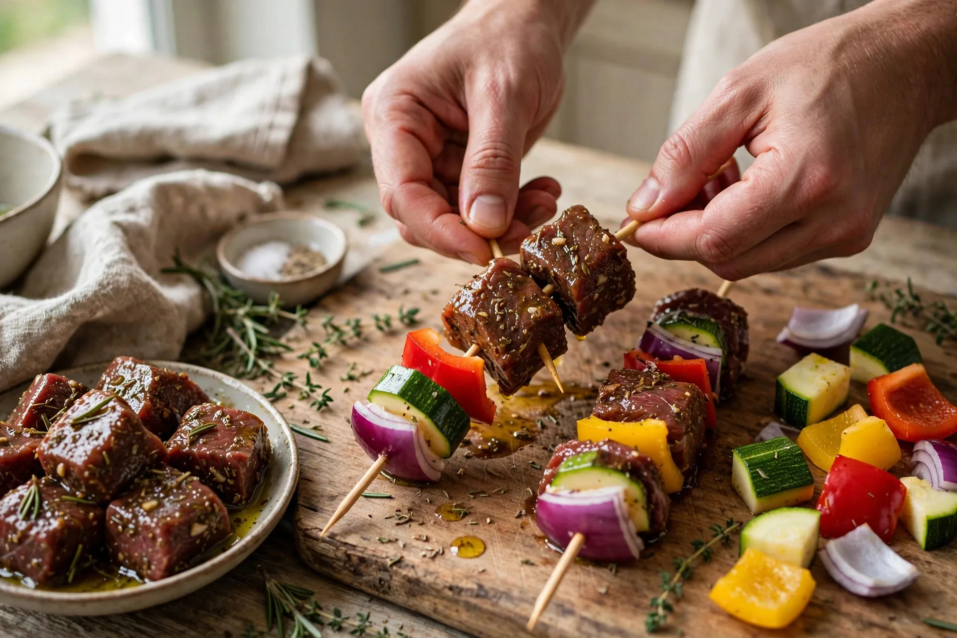 Hands threading marinated beef cubes and vegetables onto skewers