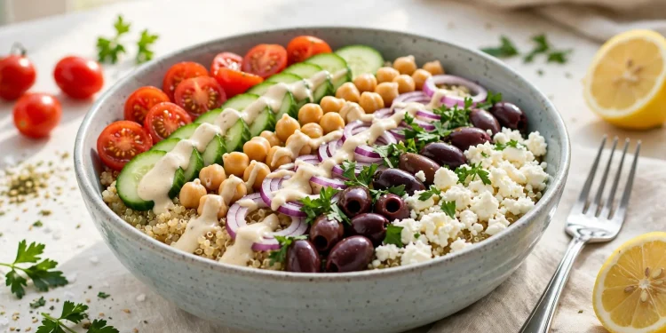 Mediterranean quinoa power bowl with chickpeas, feta, tomatoes, cucumber, olives and tahini dressing