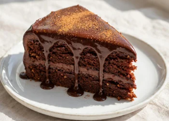 Slice of Mexican hot chocolate cake with glossy spiced chocolate ganache