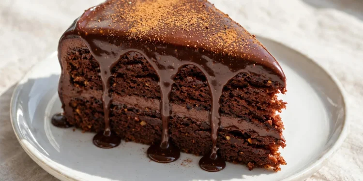 Slice of Mexican hot chocolate cake with glossy spiced chocolate ganache