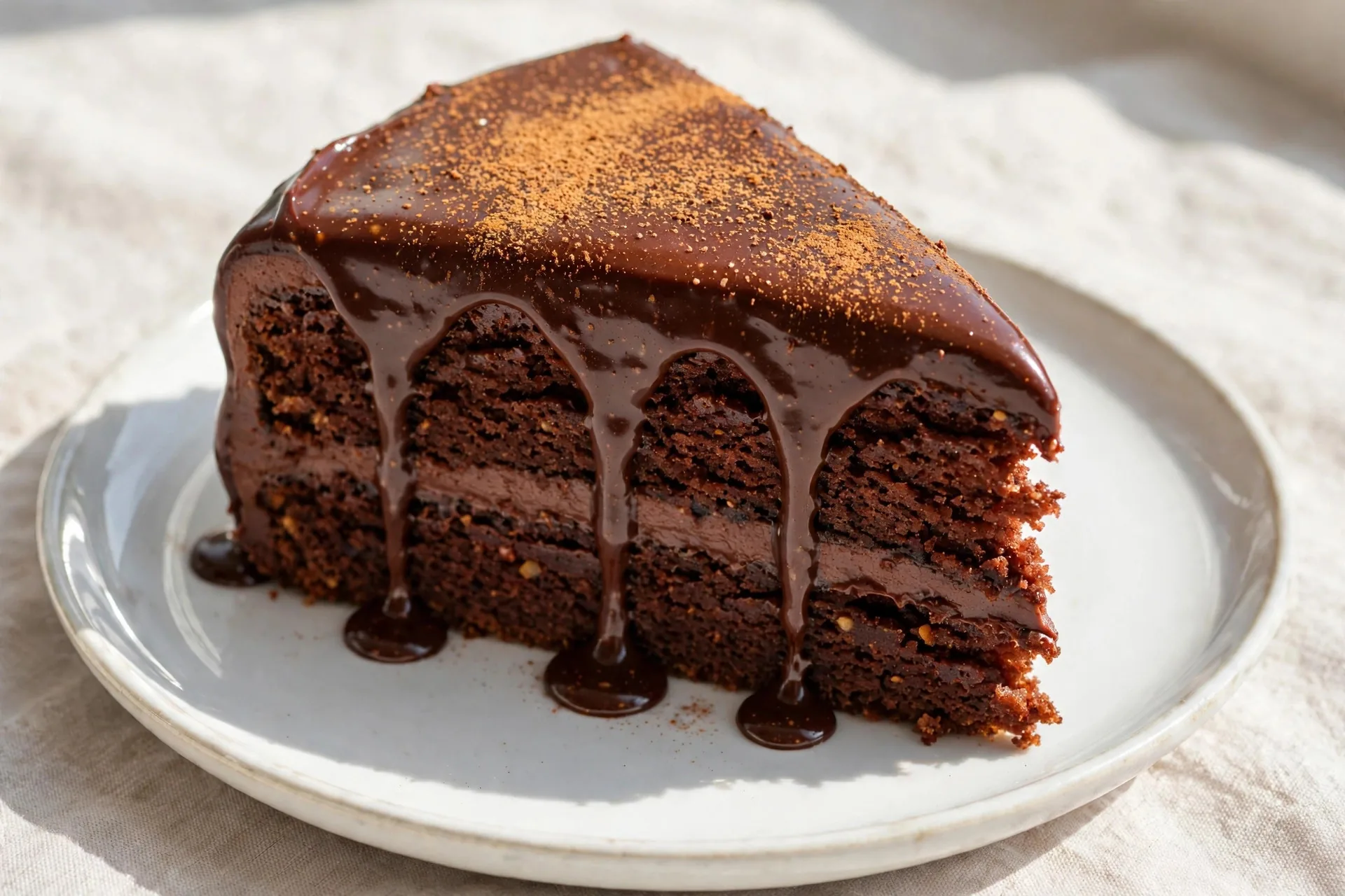 Slice of Mexican hot chocolate cake with glossy spiced chocolate ganache