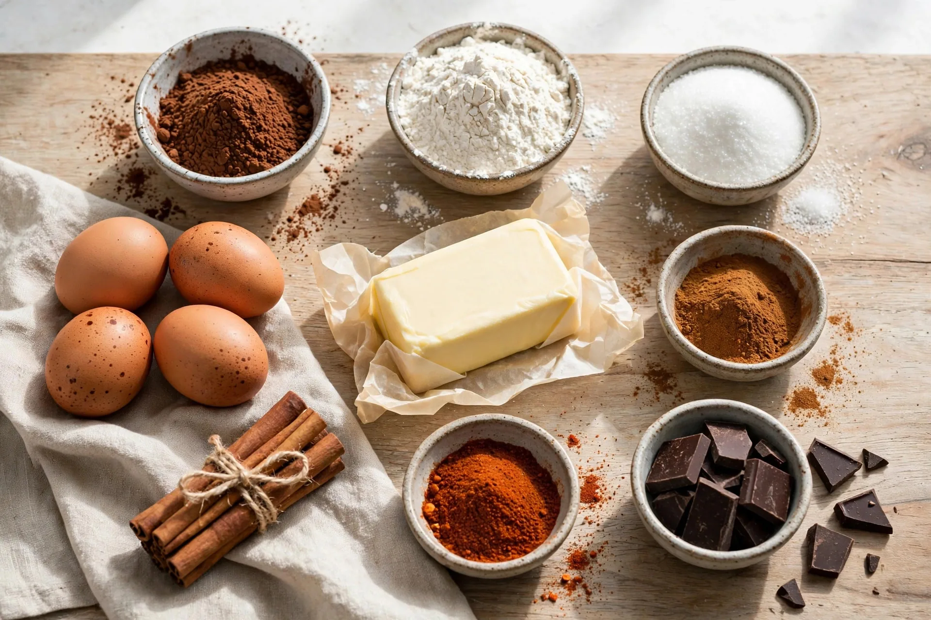 Ingredients for Mexican hot chocolate cake: cocoa, cinnamon, cayenne, flour, and chocolate