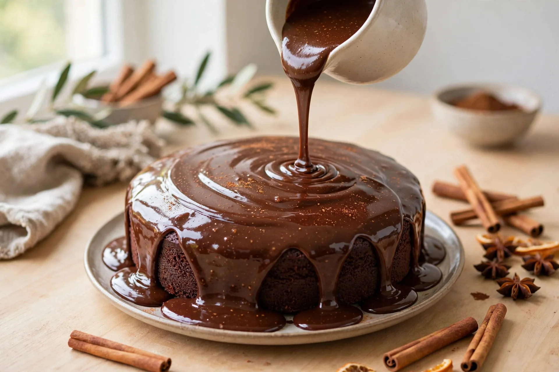 Pouring glossy spiced chocolate ganache over a round chocolate cake
