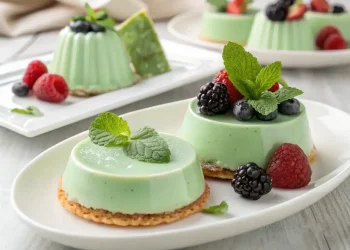 Green panna cotta desserts in a mint green color, topped with fresh mint leaves and assorted berries—raspberries, blackberries, and blueberries—served on white plates, showcase the elegance of Italian desserts.
