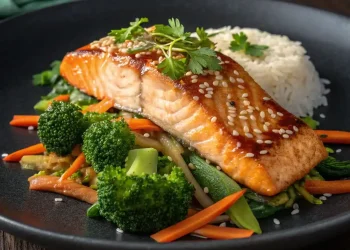 A plate with glazed miso salmon recipe garnished with sesame seeds and herbs, served over sautéed vegetables (broccoli, carrots, snap peas) and a side of white rice.