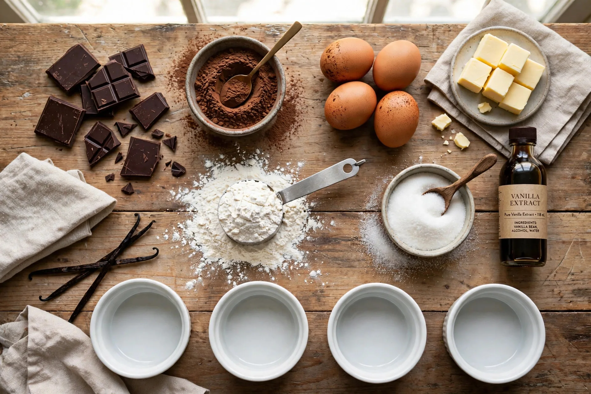 chocolate lava cake ingredients flat lay