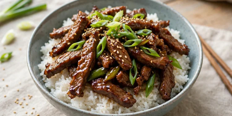 Mongolian beef stir-fry with glossy glazed flank steak strips and green onions over rice