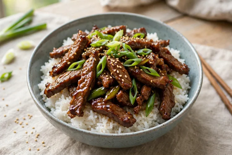 Mongolian beef stir-fry with glossy glazed flank steak strips and green onions over rice