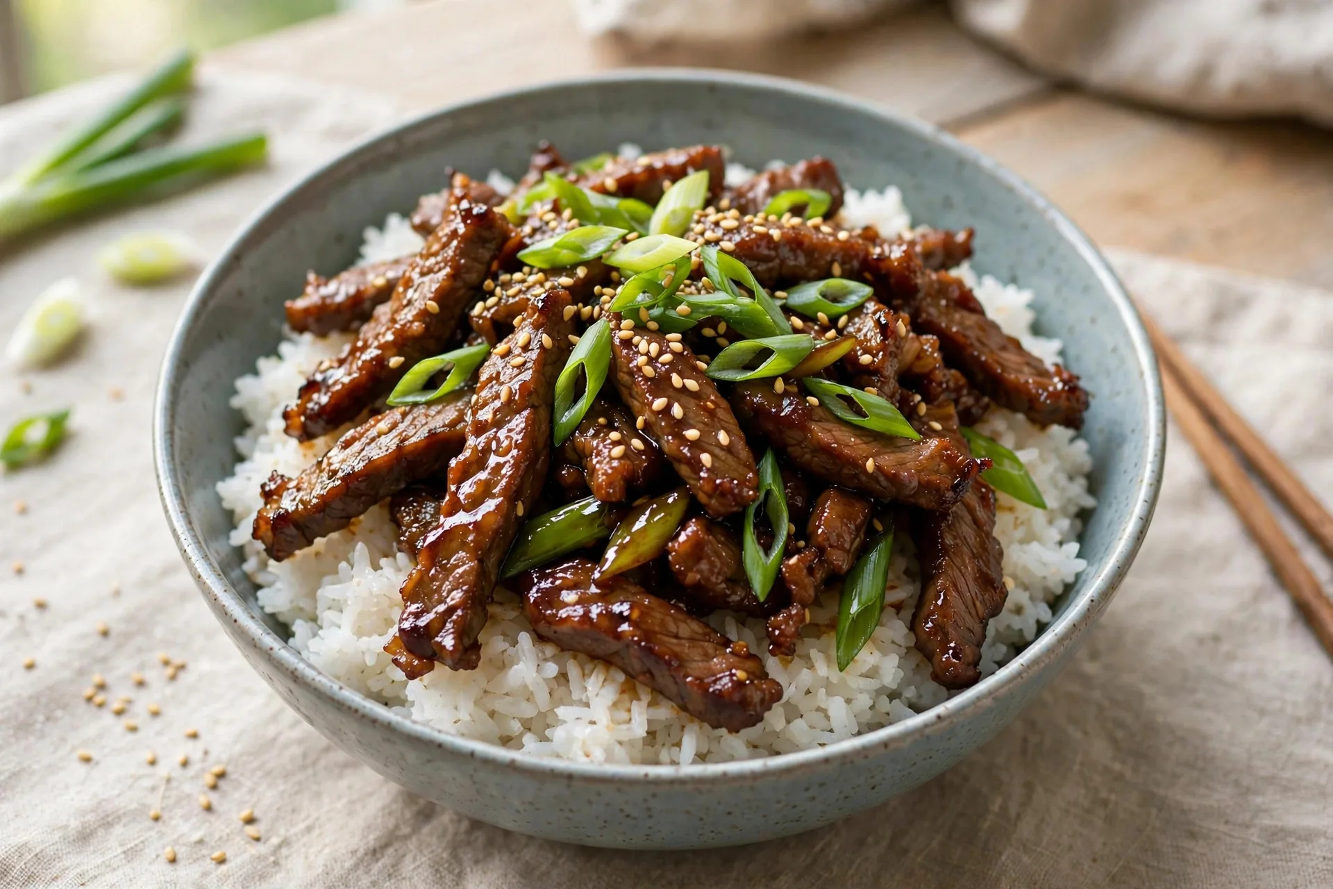 Mongolian beef stir-fry with glossy glazed flank steak strips and green onions over rice