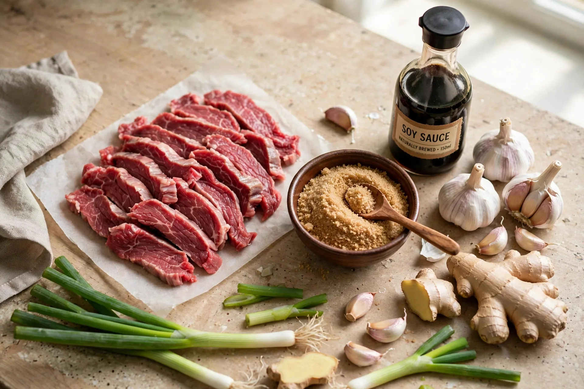 Sliced raw flank steak, soy sauce, brown sugar, garlic, ginger, and green onions on a counter