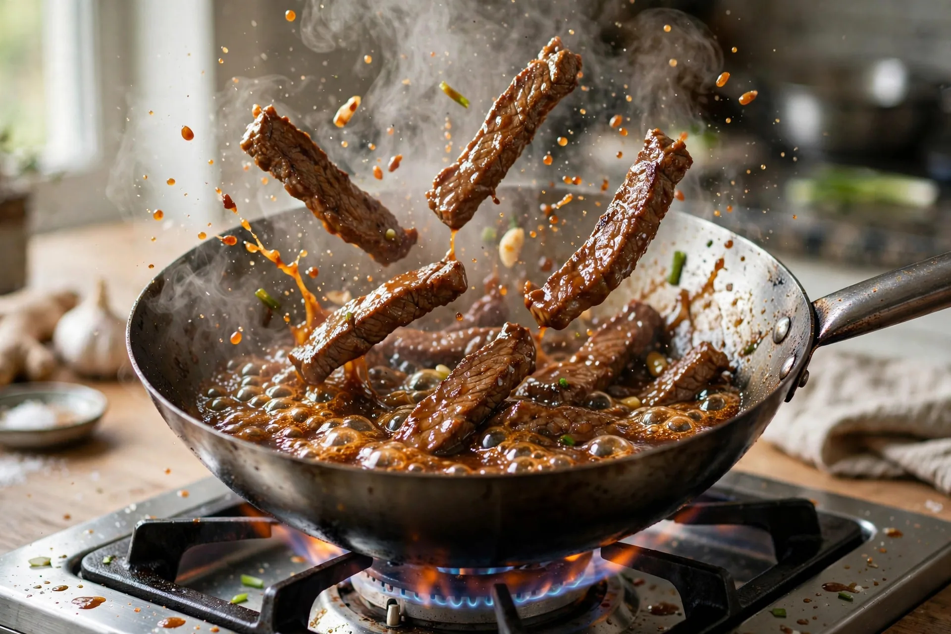 Beef strips being tossed in glossy bubbling sauce in a hot wok